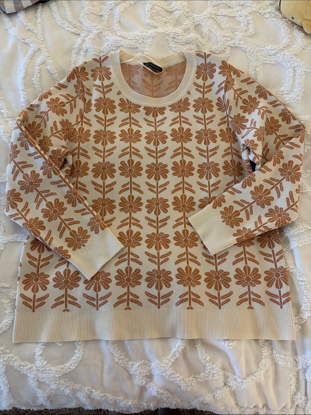 Adrianna Papell Cream Sweater with Tan Floral Jacquard